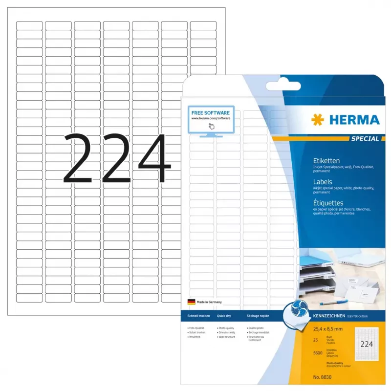 Inkjet etiketės HERMA A4 25,4x8,5 mm baltas popierius matinis 5600 vnt.