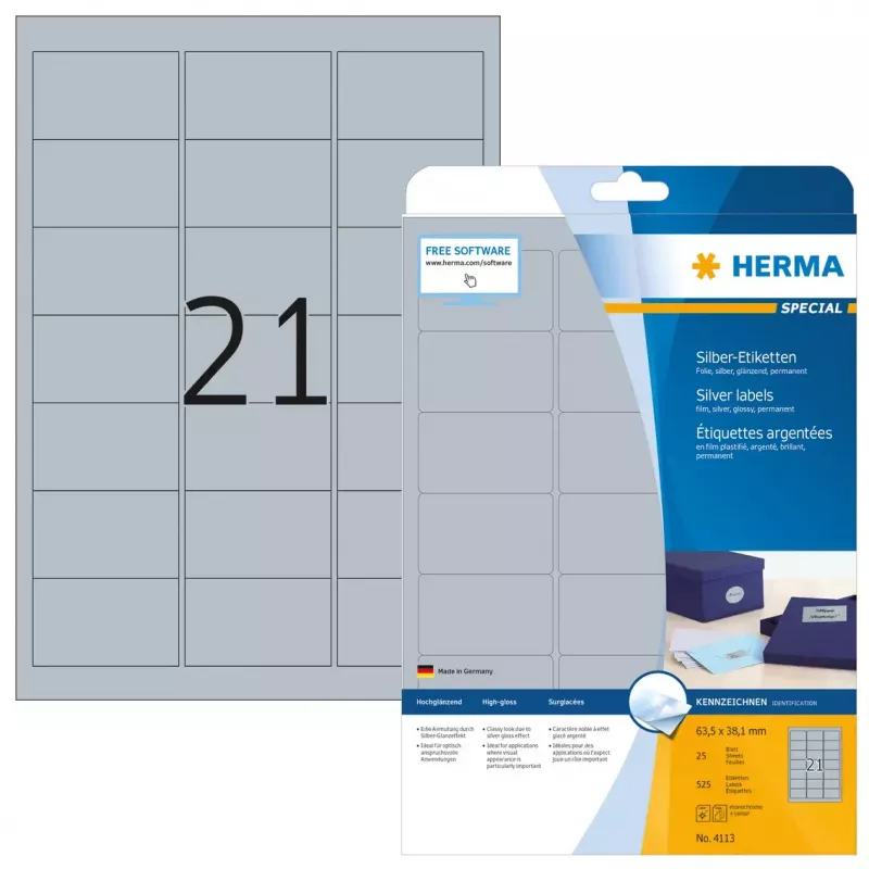 Lipnus spausdintuvo etiketės HERMA Labels A4 63.5x38.1 mm sidabrinė plėvelė blizgi