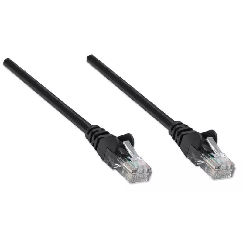 Intellinet tinklo komutacinis kabelis, Cat5e, 0,5 m, juodas, CCA, U/UTP, PVC, RJ45, paauksuoti kontaktai, neužsikabinantis, su apsauginiu gaubteliu, garantija visam eksploatavimo laikui