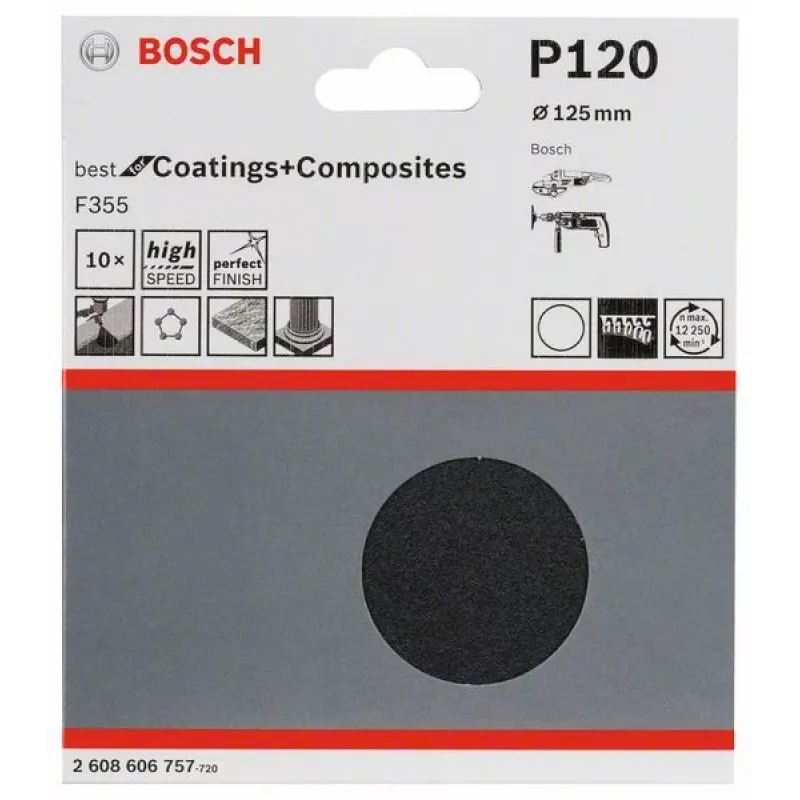 Bosch 2 608 606 757 rankinio šlifavimo reikmenys Šlifavimo lapelis Itin smulkiagrūdis P120 10 vnt.