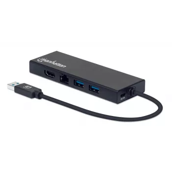 Manhattan USB-A dokas / šakotuvas, prievadai (x5): Ethernet, HDMI, USB-A (x2) ir VGA, „Micro-USB“ maitinimo įvesties prievadas (pasirinktinai, tik kai reikia papildomos galios. Neprivalomas dviejų monitorių funkcijai. Kabelis nepridedamas), aliuminis, juodas, trejų metų garantija