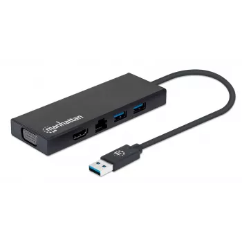 Manhattan USB-A dokas / šakotuvas, prievadai (x5): Ethernet, HDMI, USB-A (x2) ir VGA, „Micro-USB“ maitinimo įvesties prievadas (pasirinktinai, tik kai reikia papildomos galios. Neprivalomas dviejų monitorių funkcijai. Kabelis nepridedamas), aliuminis, juodas, trejų metų garantija