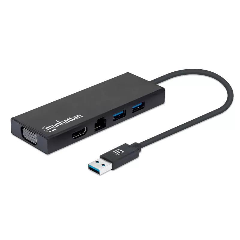 Manhattan USB-A dokas / šakotuvas, prievadai (x5): Ethernet, HDMI, USB-A (x2) ir VGA, „Micro-USB“ maitinimo įvesties prievadas (pasirinktinai, tik kai reikia papildomos galios. Neprivalomas dviejų monitorių funkcijai. Kabelis nepridedamas), aliuminis, juodas, trejų metų garantija