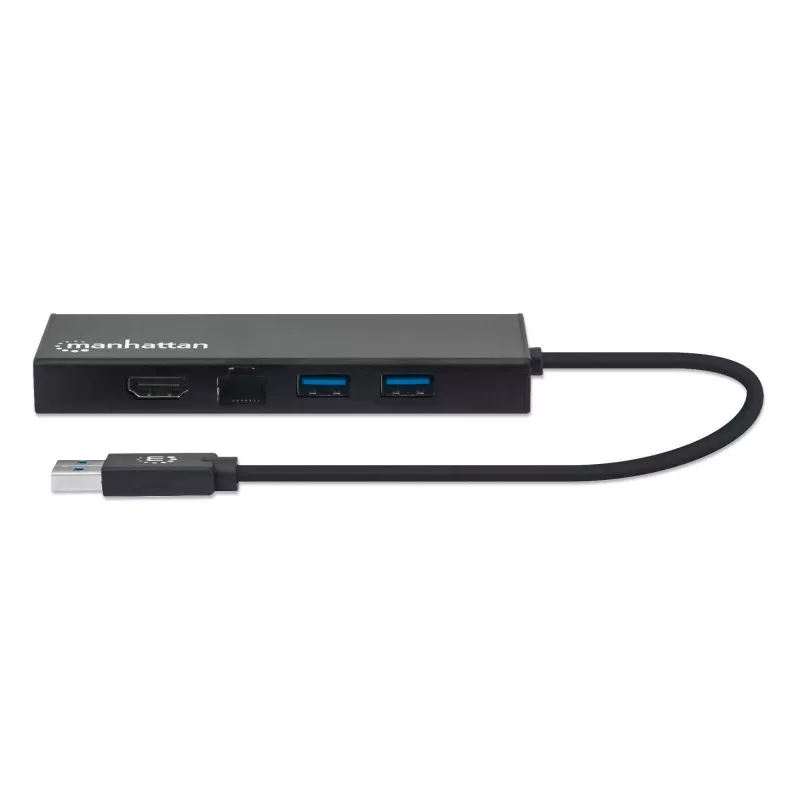 Manhattan USB-A dokas / šakotuvas, prievadai (x5): Ethernet, HDMI, USB-A (x2) ir VGA, „Micro-USB“ maitinimo įvesties prievadas (pasirinktinai, tik kai reikia papildomos galios. Neprivalomas dviejų monitorių funkcijai. Kabelis nepridedamas), aliuminis, juodas, trejų metų garantija