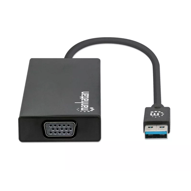 Manhattan USB-A dokas / šakotuvas, prievadai (x5): Ethernet, HDMI, USB-A (x2) ir VGA, „Micro-USB“ maitinimo įvesties prievadas (pasirinktinai, tik kai reikia papildomos galios. Neprivalomas dviejų monitorių funkcijai. Kabelis nepridedamas), aliuminis, juodas, trejų metų garantija