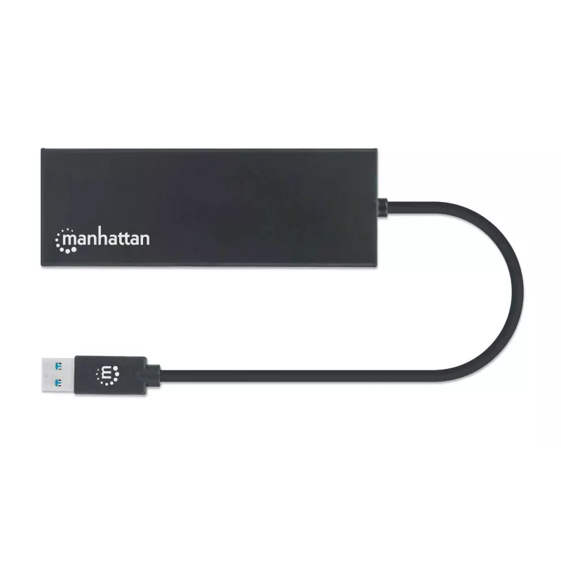 Manhattan USB-A dokas / šakotuvas, prievadai (x5): Ethernet, HDMI, USB-A (x2) ir VGA, „Micro-USB“ maitinimo įvesties prievadas (pasirinktinai, tik kai reikia papildomos galios. Neprivalomas dviejų monitorių funkcijai. Kabelis nepridedamas), aliuminis, juodas, trejų metų garantija