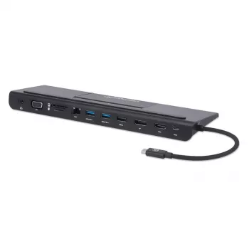 Manhattan USB-C dokas / šakotuvas su kortelių skaitytuvu ir MST, prievadai (x9): garso 3,5 mm, DisplayPort, Ethernet, HDMI, USB-A (x3), USB-C ir VGA, su maitinimo tiekimu (100 W) į USB-C prievadą (pastaba: reikalingas USB-C tinklo įkroviklis ir USB-C laidas), visi prievadai gali būti naudojami vienu metu