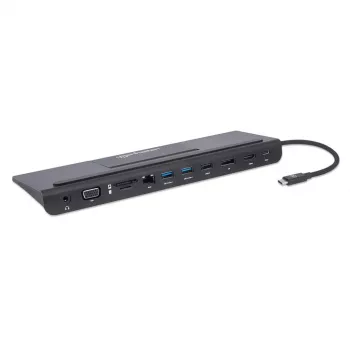 Manhattan USB-C dokas / šakotuvas su kortelių skaitytuvu ir MST, prievadai (x9): garso 3,5 mm, DisplayPort, Ethernet, HDMI, USB-A (x3), USB-C ir VGA, su maitinimo tiekimu (100 W) į USB-C prievadą (pastaba: reikalingas USB-C tinklo įkroviklis ir USB-C laidas), visi prievadai gali būti naudojami vienu metu