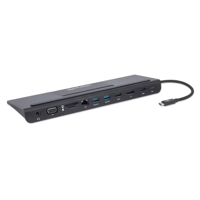 Manhattan USB-C dokas / šakotuvas su kortelių skaitytuvu ir MST, prievadai (x9): garso 3,5 mm, DisplayPort, Ethernet, HDMI, USB-A (x3), USB-C ir VGA, su maitinimo tiekimu (100 W) į USB-C prievadą (pastaba: reikalingas USB-C tinklo įkroviklis ir USB-C laidas), visi prievadai gali būti naudojami vienu metu