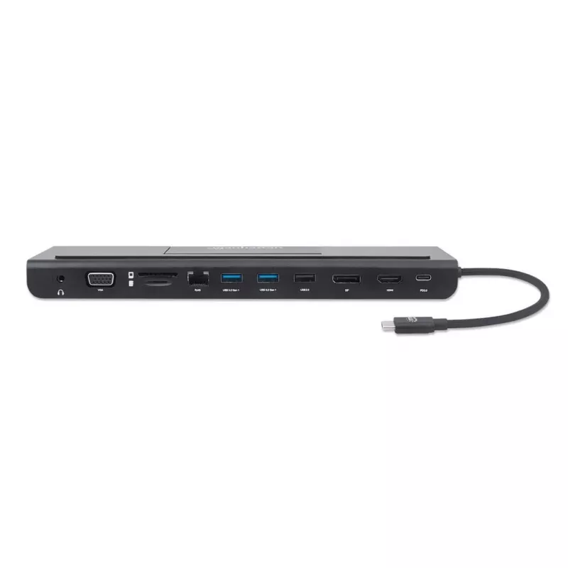 Manhattan USB-C dokas / šakotuvas su kortelių skaitytuvu ir MST, prievadai (x9): garso 3,5 mm, DisplayPort, Ethernet, HDMI, USB-A (x3), USB-C ir VGA, su maitinimo tiekimu (100 W) į USB-C prievadą (pastaba: reikalingas USB-C tinklo įkroviklis ir USB-C laidas), visi prievadai gali būti naudojami vienu metu