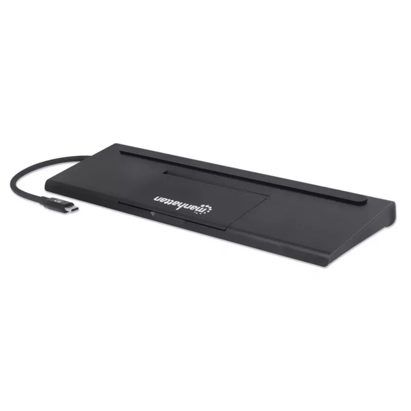 Manhattan USB-C dokas / šakotuvas su kortelių skaitytuvu ir MST, prievadai (x9): garso 3,5 mm, DisplayPort, Ethernet, HDMI, USB-A (x3), USB-C ir VGA, su maitinimo tiekimu (100 W) į USB-C prievadą (pastaba: reikalingas USB-C tinklo įkroviklis ir USB-C laidas), visi prievadai gali būti naudojami vienu metu