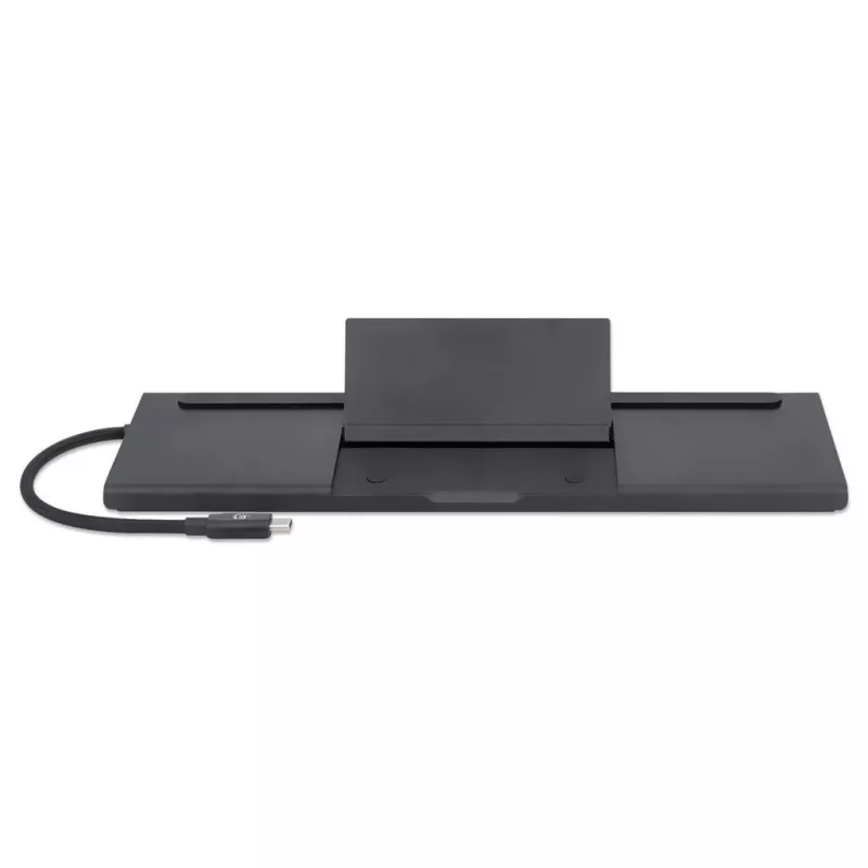 Manhattan USB-C dokas / šakotuvas su kortelių skaitytuvu ir MST, prievadai (x9): garso 3,5 mm, DisplayPort, Ethernet, HDMI, USB-A (x3), USB-C ir VGA, su maitinimo tiekimu (100 W) į USB-C prievadą (pastaba: reikalingas USB-C tinklo įkroviklis ir USB-C laidas), visi prievadai gali būti naudojami vienu metu