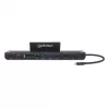 Manhattan USB-C dokas / šakotuvas su kortelių skaitytuvu ir MST, prievadai (x9): garso 3,5 mm, DisplayPort, Ethernet, HDMI, USB-A (x3), USB-C ir VGA, su maitinimo tiekimu (100 W) į USB-C prievadą (pastaba: reikalingas USB-C tinklo įkroviklis ir USB-C laidas), visi prievadai gali būti naudojami vienu metu