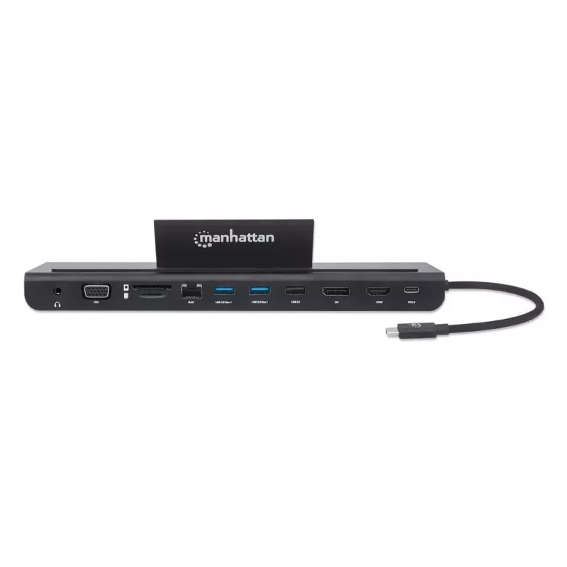 Manhattan USB-C dokas / šakotuvas su kortelių skaitytuvu ir MST, prievadai (x9): garso 3,5 mm, DisplayPort, Ethernet, HDMI, USB-A (x3), USB-C ir VGA, su maitinimo tiekimu (100 W) į USB-C prievadą (pastaba: reikalingas USB-C tinklo įkroviklis ir USB-C laidas), visi prievadai gali būti naudojami vienu metu