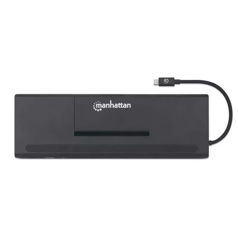 Manhattan USB-C dokas / šakotuvas su kortelių skaitytuvu ir MST, prievadai (x9): garso 3,5 mm, DisplayPort, Ethernet, HDMI, USB-A (x3), USB-C ir VGA, su maitinimo tiekimu (100 W) į USB-C prievadą (pastaba: reikalingas USB-C tinklo įkroviklis ir USB-C laidas), visi prievadai gali būti naudojami vienu metu