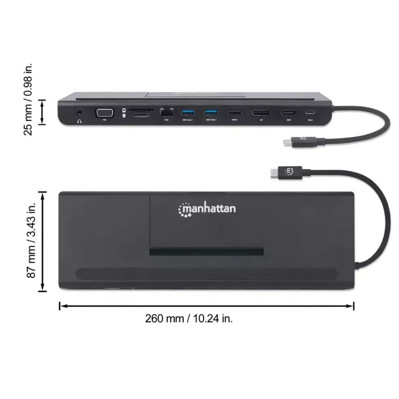 Manhattan USB-C dokas / šakotuvas su kortelių skaitytuvu ir MST, prievadai (x9): garso 3,5 mm, DisplayPort, Ethernet, HDMI, USB-A (x3), USB-C ir VGA, su maitinimo tiekimu (100 W) į USB-C prievadą (pastaba: reikalingas USB-C tinklo įkroviklis ir USB-C laidas), visi prievadai gali būti naudojami vienu metu