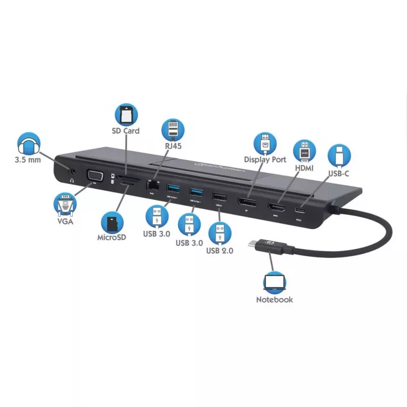 Manhattan USB-C dokas / šakotuvas su kortelių skaitytuvu ir MST, prievadai (x9): garso 3,5 mm, DisplayPort, Ethernet, HDMI, USB-A (x3), USB-C ir VGA, su maitinimo tiekimu (100 W) į USB-C prievadą (pastaba: reikalingas USB-C tinklo įkroviklis ir USB-C laidas), visi prievadai gali būti naudojami vienu metu