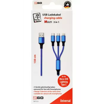 USB kabelis 2GO 797151 1,5 m USB B USB C/Micro-USB B/Lightning juoda mėlyna