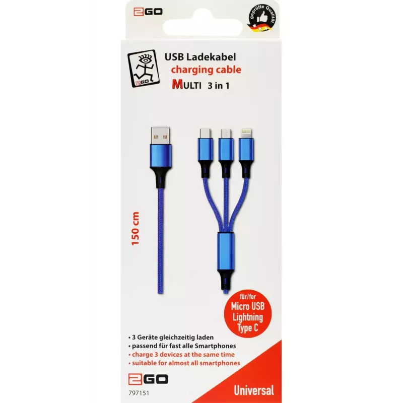 USB kabelis 2GO 797151 1,5 m USB B USB C/Micro-USB B/Lightning juoda mėlyna