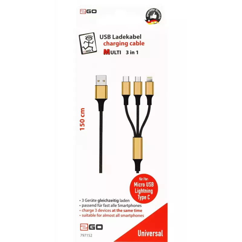 USB laidas 2GO 797152 3 m USB B USB C/Micro-USB B/Lightning juoda/auksinė