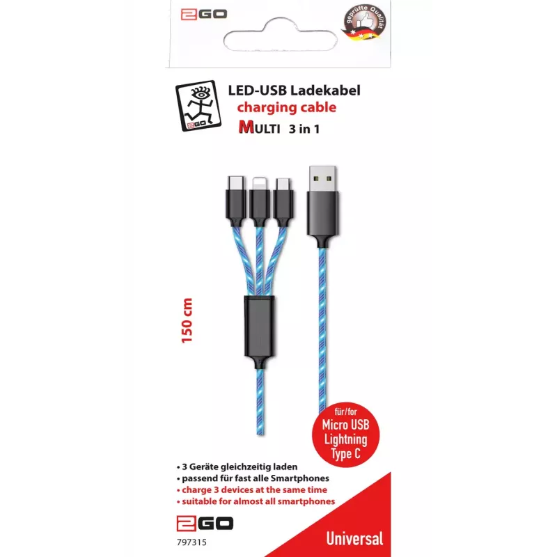 USB laidas 2GO 797315 1,5 m USB B USB C/Micro-USB B/Lightning Juoda Mėlyna