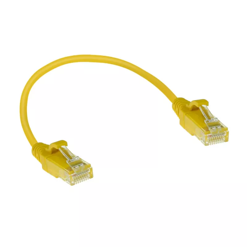 ACT geltonas 0,15 metro LSZH U/UTP CAT6 duomenų centro plonas pataisymo kabelis su apsaugotais RJ45 konektoriais