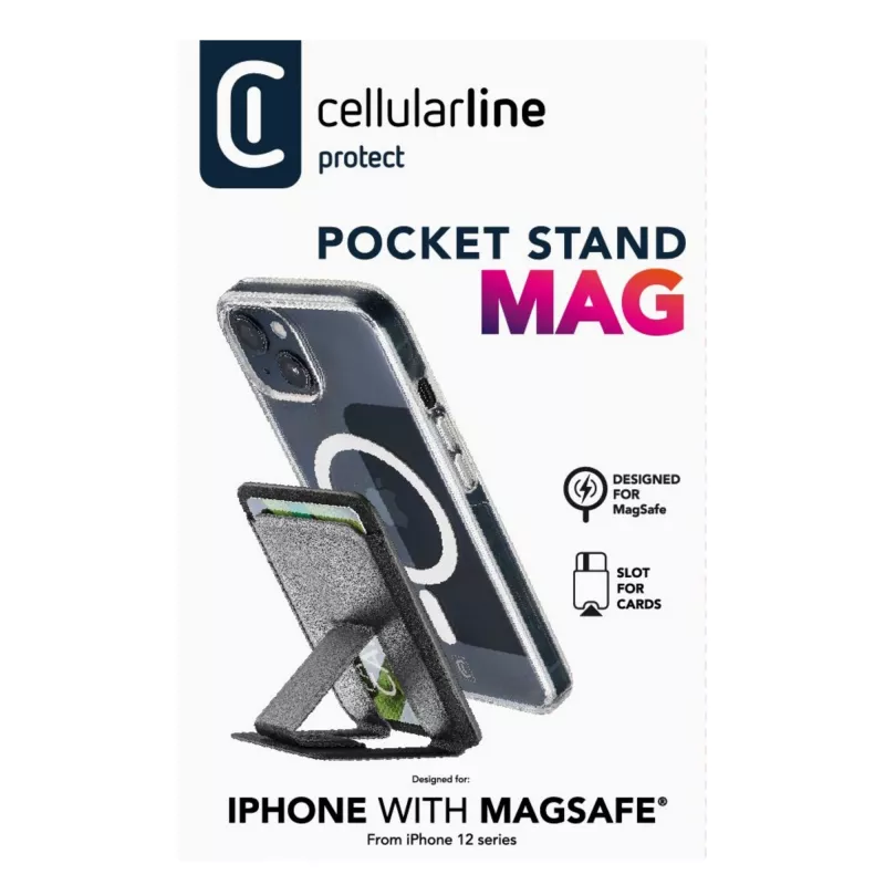 „Cellularline Pocket Stand Mag“ magnetinis kortelių laikiklis su stovo funkcija, suderinamas su „MagSafe“