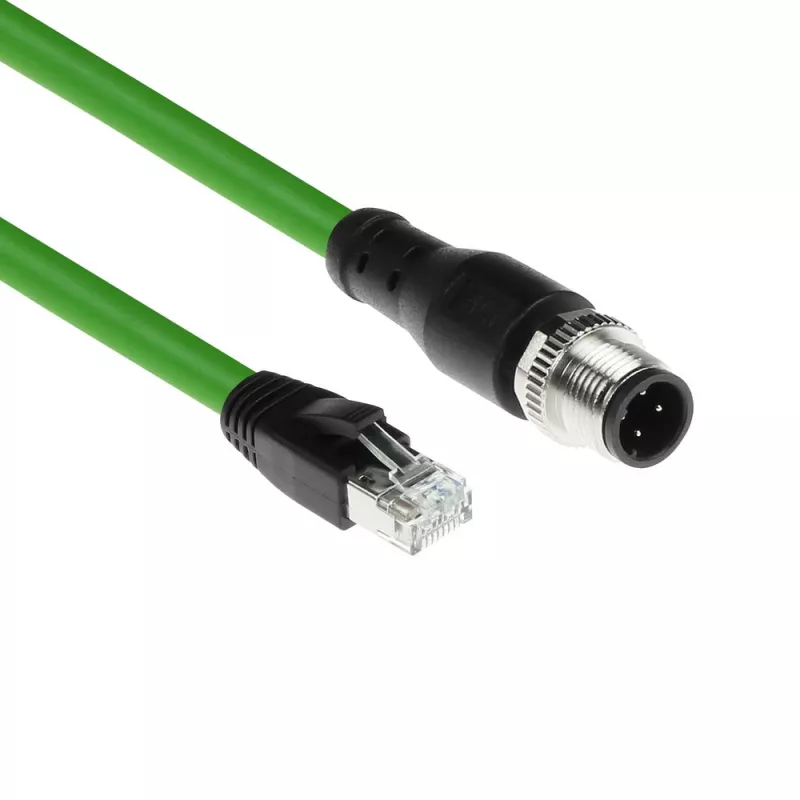 ACT Industrial 5.00 metrų jutiklio kabelis M12D 4 kontaktų kištukas stačiu kampu į RJ45 kištuką, Superflex Xtreme TPE kabelis, ekranuotas