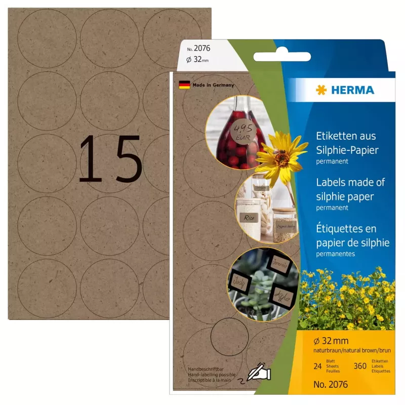 Lipnios etiketės HERMA 2076 Apvalios Nuolatinės Rudos 3,2 cm 360 vnt.