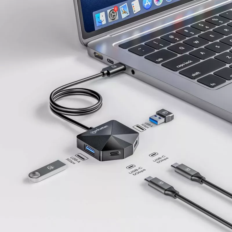 Manhattan USB-C ir USB-A kombinacijos dokas / šakotuvas, prievadai (4): USB-A (x2) ir USB-C (x2), 5 Gbps (USB 3.2 Gen1, dar vadinamas USB 3.0), kampinė forma, užtikrinanti lengvą prieigą prie prievadų, maitinama per USB (nereikia išorinio maitinimo šaltinio)