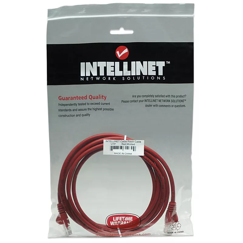 Intellinet tinklo kabelis, Cat5e, 7,5 m, raudonas, CCA, U/UTP, PVC, RJ45, auksuoti kontaktai, nesikabinantis, su apsauginiu gaubteliu, garantija visam eksploatavimo laikui
