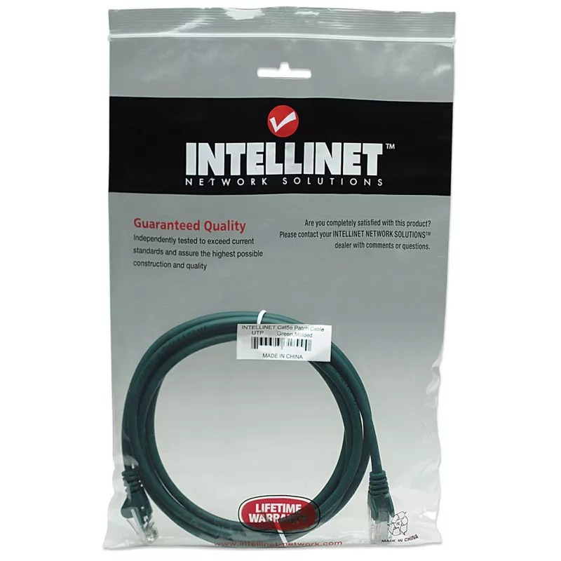 Intellinet tinklo komutacinis kabelis, Cat5e, 7,5 m, žalias, CCA, U/UTP, PVC, RJ45, paauksuoti kontaktai, užkabinimų nesukelianti, su apsaugine mova, garantija visam naudojimo laikui