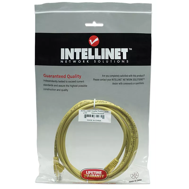 Intellinet tinklo kabelis, Cat5e, 7,5 m, geltonas, CCA, U/UTP, PVC, RJ45, paauksuoti kontaktai, neužkabinamas, apsauginė mova, garantija visam gyvenimui