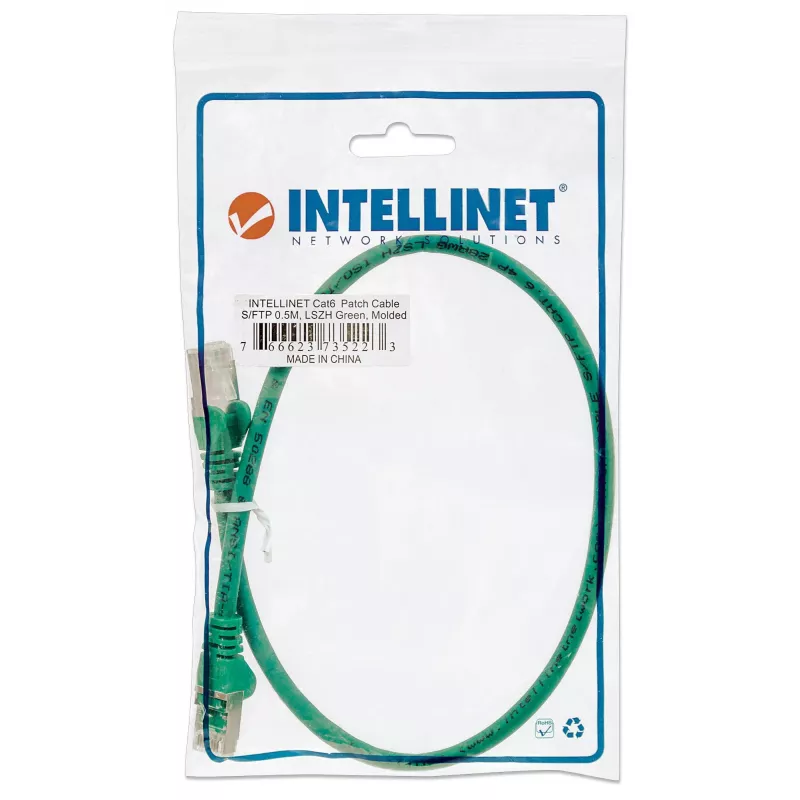 Intellinet tinklo komutacinis kabelis, Cat5e, 3 m, žalias, CCA, SF/UTP, PVC, RJ45, paauksuoti kontaktai, užkabinimų prevencija, apsaugotas, garantija visam laikui