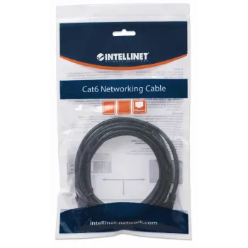 Intellinet tinklo kabelis, Cat6, 2 m, juodas, CCA, U/UTP, PVC, RJ45, auksuoti kontaktai, besąsagis, apsaugotas, garantija visam gyvenimui