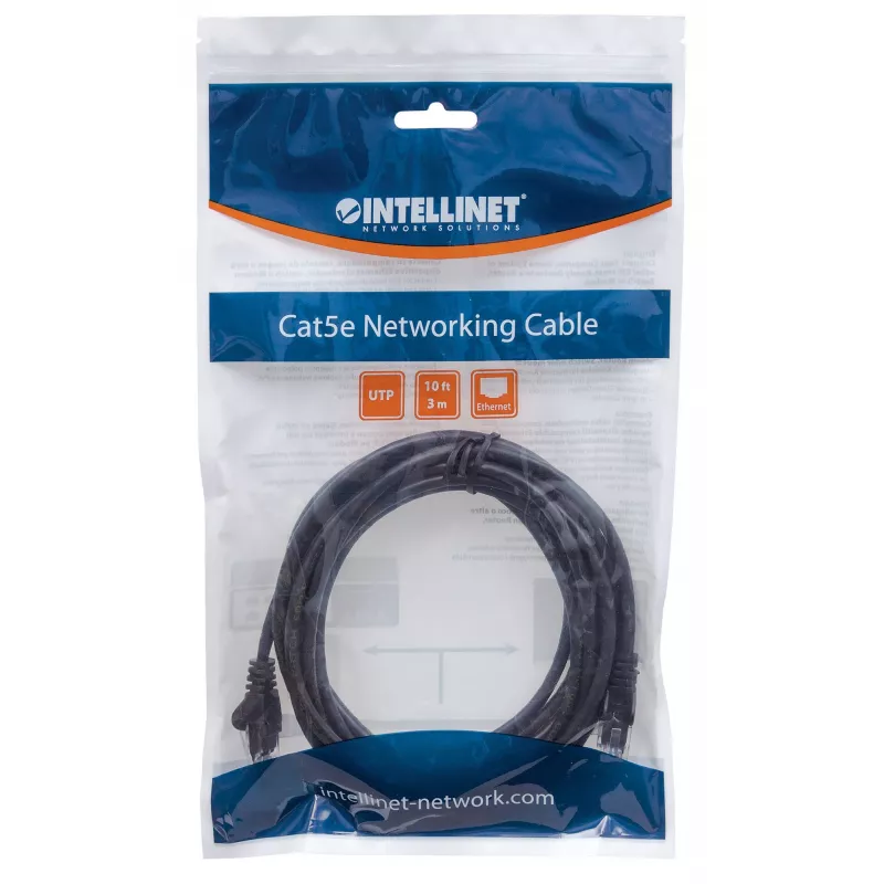 Intellinet tinklo komutacinis kabelis, Cat6, 1,5 m, juodas, CCA, U/UTP, PVC, RJ45, auksuoti kontaktai, nesipainiojanti apsauga, su antgaliu, garantija visam tarnavimo laikui