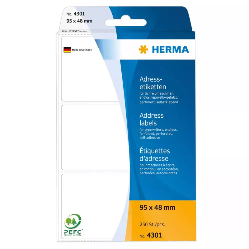 Adresų etiketės HERMA vientisos vėduoklinės 95x48 mm baltas popierius matinis 250 vnt.