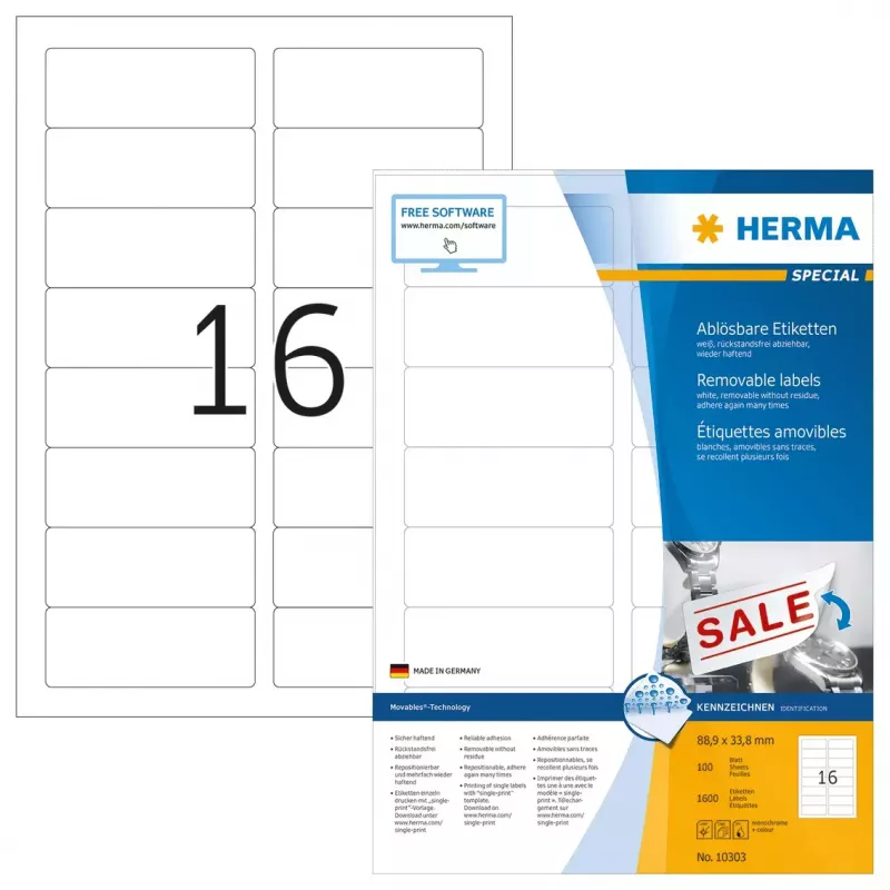 Nuimamos etiketės HERMA 10303 A4 88,9x33,8 mm baltos