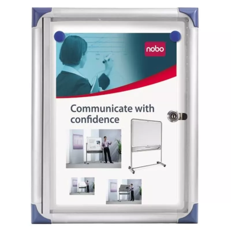 Nobo itin plokščia magnetinė užrakinama skelbimų lenta 1XA4, balta, aliuminis, 1 x A4, stumdoma, stiklas, 821 g