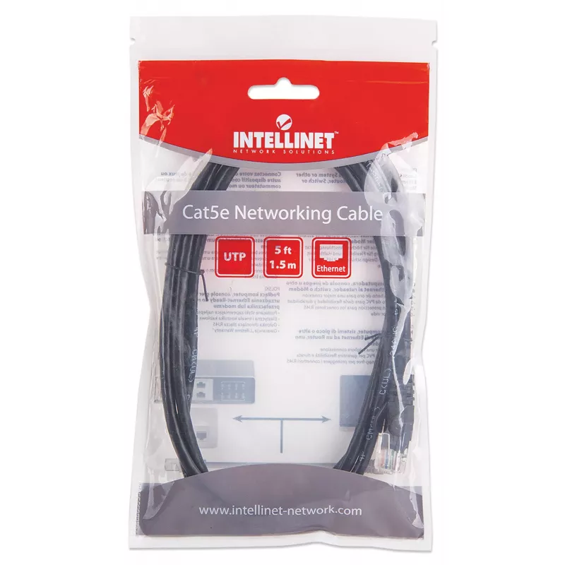 Intellinet tinklo pataisų kabelis, Cat5e, 1,5 m, juodas, CCA, U/UTP, PVC, RJ45, auksuoti kontaktai, be užkliuvimų, su apsaugine mova, garantija visam tarnavimo laikui