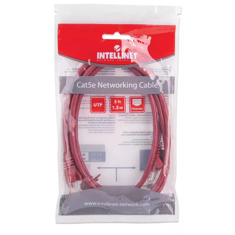 Intellinet tinklo kabelis, Cat5e, 1,5 m, raudonas, CCA, U/UTP, PVC, RJ45, paauksuoti kontaktai, neužkabinantis, su apsauga, garantija visam laikui