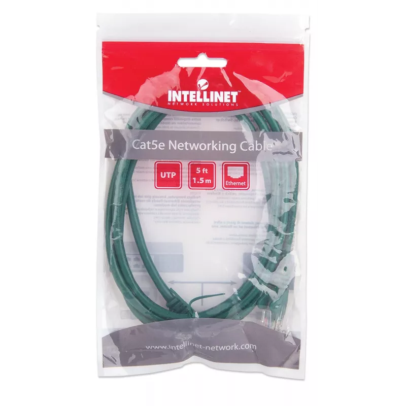Intellinet tinklo komutacinis kabelis, Cat5e, 1,5 m, žalias, CCA, U/UTP, PVC, RJ45, auksuoti kontaktai, nesipainiojantis, su apsauginiu gaubteliu, garantija visam eksploatavimo laikui
