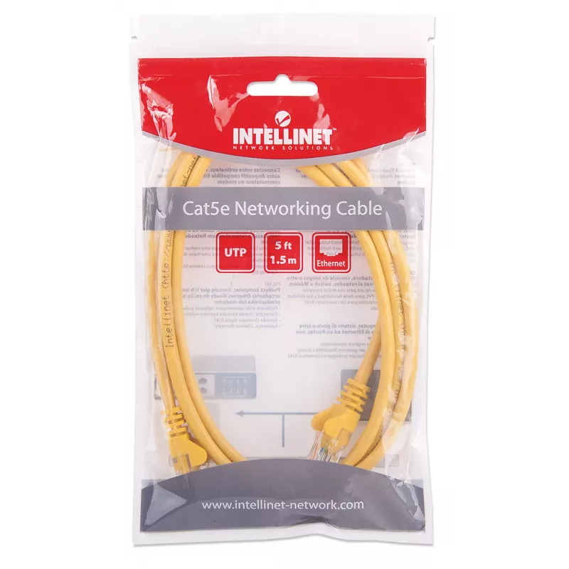 Intellinet tinklo komutacinis kabelis, Cat5e, 1,5 m, geltonas, CCA, U/UTP, PVC, RJ45, auksuoti kontaktai, nesikabinanti apsauga, apsaugotas, garantija visam naudojimo laikui