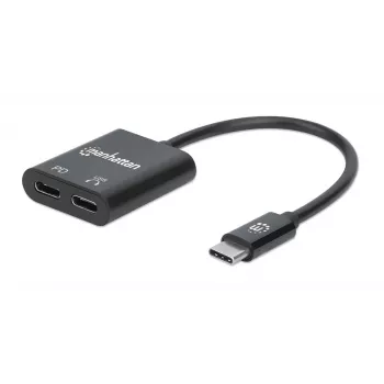 Manhattan USB-C į USB-C garso adapteris ir USB-C (su maitinimo tiekimu), juodas, 480 Mbps (USB 2.0), kabelis 11 cm, su maitinimo tiekimu į USB-C prievadą (60 W), trejų metų garantija