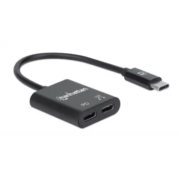 Manhattan USB-C į USB-C garso adapteris ir USB-C (su maitinimo tiekimu), juodas, 480 Mbps (USB 2.0), kabelis 11 cm, su maitinimo tiekimu į USB-C prievadą (60 W), trejų metų garantija