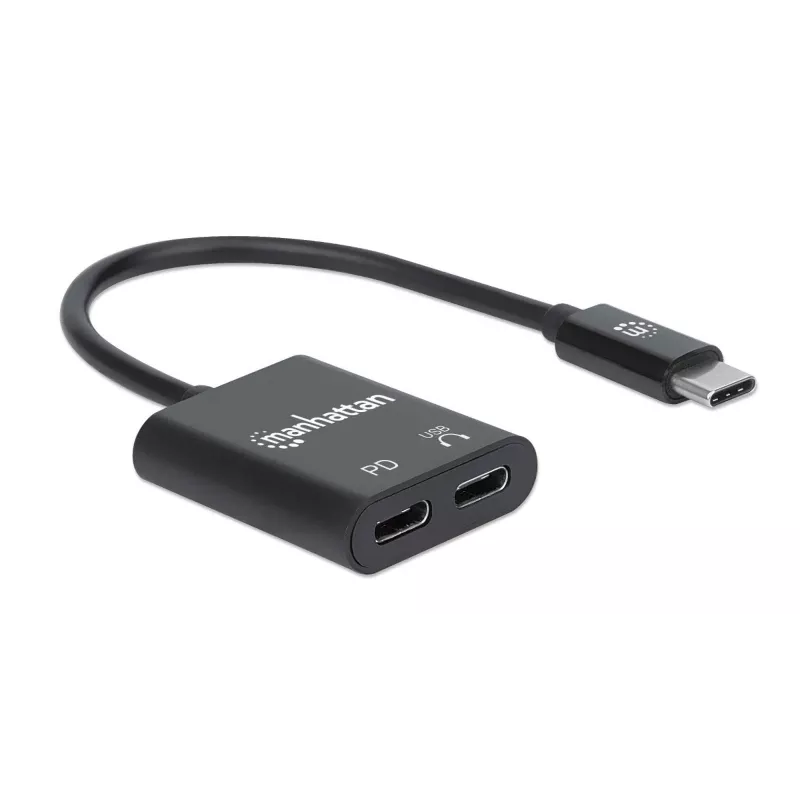 Manhattan USB-C į USB-C garso adapteris ir USB-C (su maitinimo tiekimu), juodas, 480 Mbps (USB 2.0), kabelis 11 cm, su maitinimo tiekimu į USB-C prievadą (60 W), trejų metų garantija