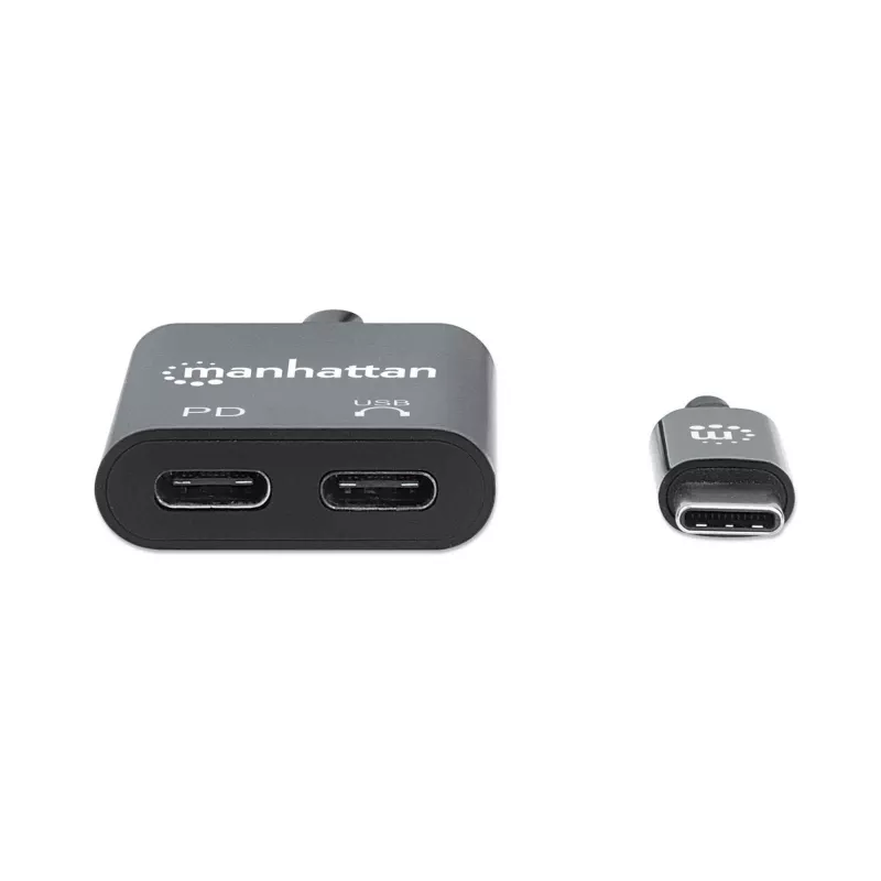 Manhattan USB-C į USB-C garso adapteris ir USB-C (su maitinimo tiekimu), juodas, 480 Mbps (USB 2.0), kabelis 11 cm, su maitinimo tiekimu į USB-C prievadą (60 W), trejų metų garantija