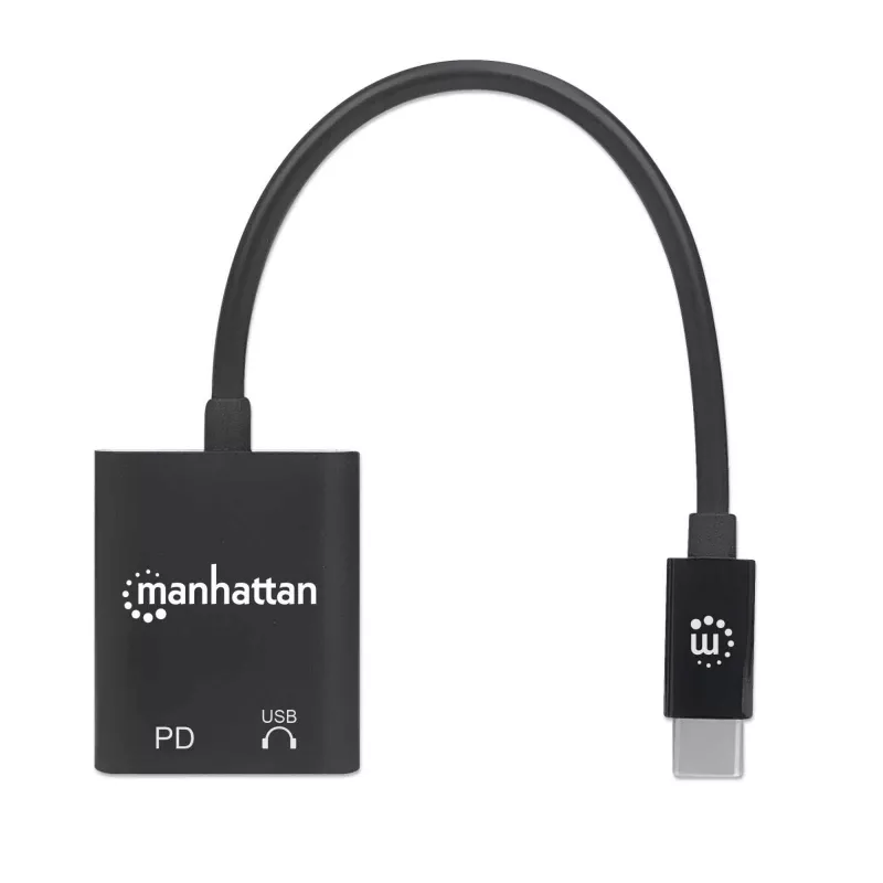 Manhattan USB-C į USB-C garso adapteris ir USB-C (su maitinimo tiekimu), juodas, 480 Mbps (USB 2.0), kabelis 11 cm, su maitinimo tiekimu į USB-C prievadą (60 W), trejų metų garantija