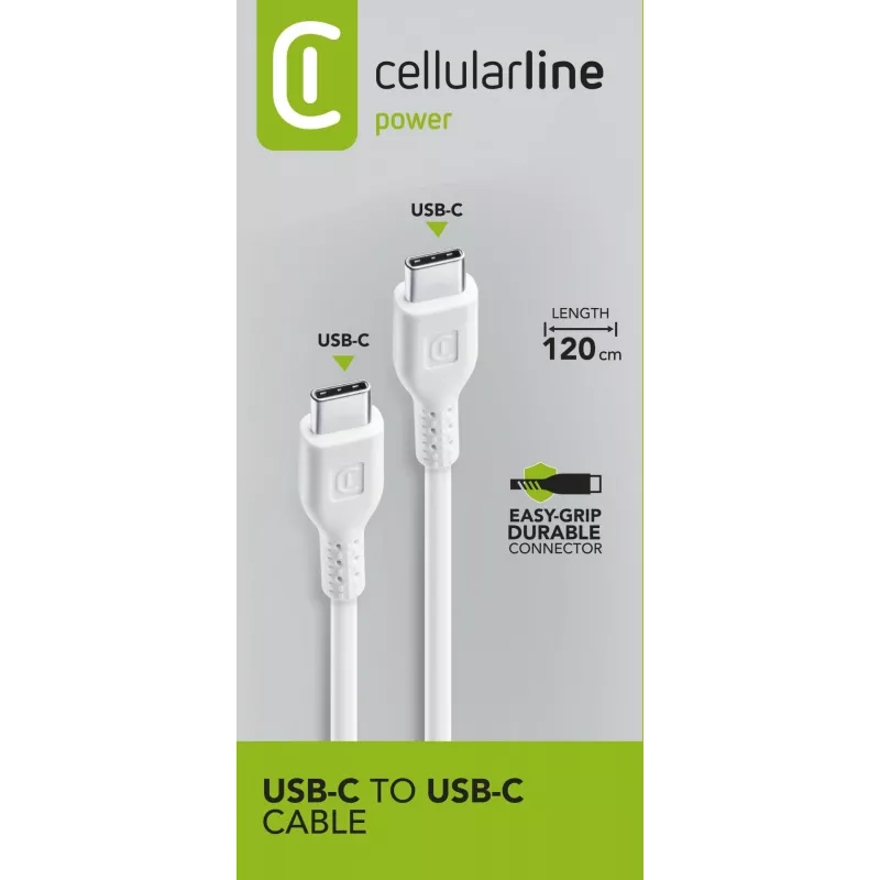 Cellularline maitinimo laidas 120 cm - USB-C į USB-C USB-C į USB-C laidas įkrovimui ir duomenų perdavimui