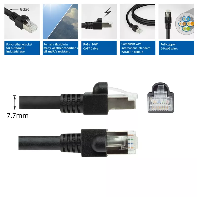 ACT juodas 10 metrų S/FTP CAT7 PUR lankstus komutacinis kabelis be užkibimų su RJ45 jungtimis (atitinka CAT6A)
